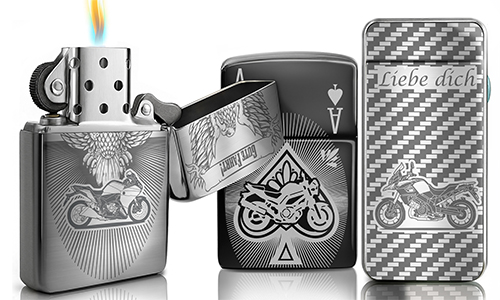 Engraved stainless steel lighters featuring personalized motorcycle designs for motorcycle lovers