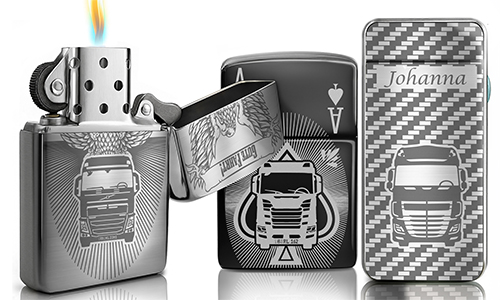 Display stainless-steel engraved lighters with bold truck motifs, presented as custom gifts for fans of trucks