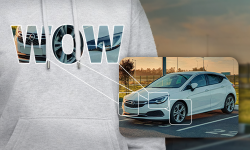Lysegrå hoodie med WOW-tekst, bogstaver med hvidt bilfoto-collage, close-up af Opel Astra ved siden af