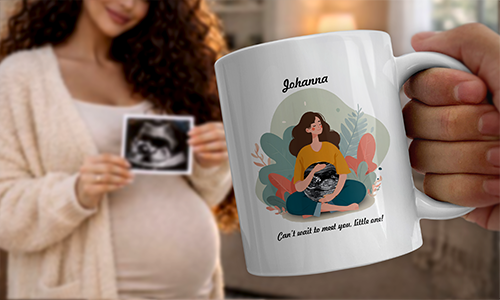 Schwangere Person mit Ultraschallfoto; Tasse mit Name Johanna und Illustration, Pflanzenmotiv