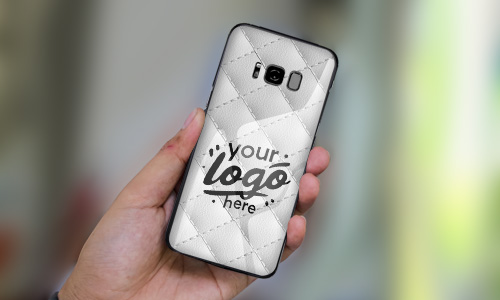 Branded phone case featuring logo and white quilted design