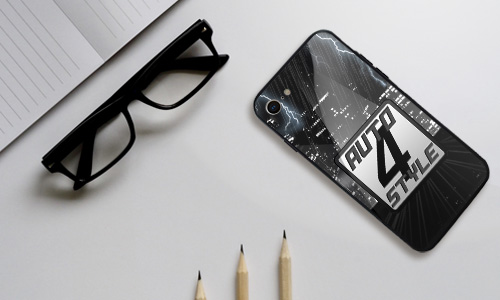 Phone case with logo and black and white lightning bolt design