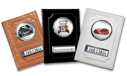 Standard car document holder with car/photo and license plate for your sister