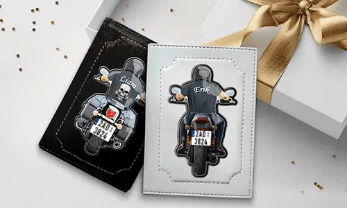 Vehicle registration document cover for motorcycle with brother's name and license plate number