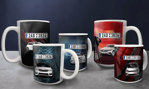 Three vehicle-themed mugs: green motorcycle with lightning and 
