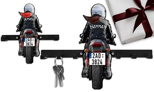 Motorfiets sleutelhanger voor aan de muur met de naam van je moeder en je kenteken