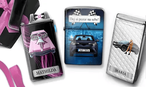 Three rectangular metallic containers with car-themed designs. One shows a pink car and a woman labeled 