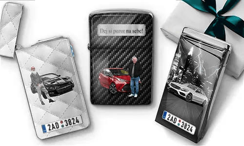 Three personalized lighters feature images of cars with people, license plate designs, and a message reading 