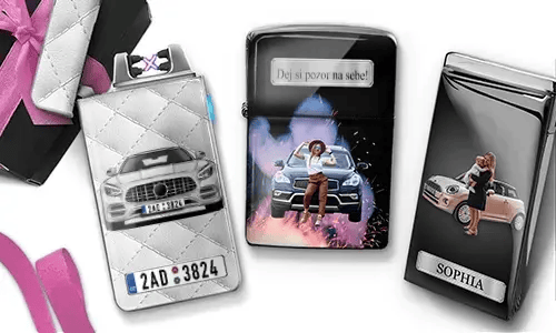 Stylish lighters featuring women posing with luxury cars. Text reads 