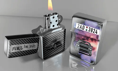 Two metallic lighters with car designs: silver with flame and Cyrillic text, cosmic-themed lighter with colorful background
