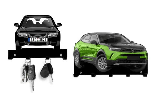 Two car-shaped key holders: red sedan and green-black SUV, both with hooks for hanging keys