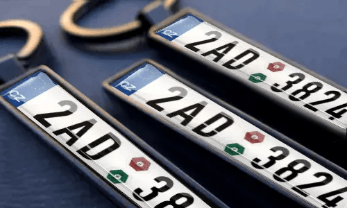 Personalized license plate keychains display engraved numbers and custom text in metal frames