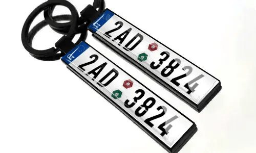 Plate number keychains with black key rings