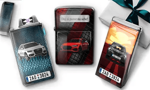 Three car-themed lighters: silver Audi SUV on blue snakeskin background, red sports car with 