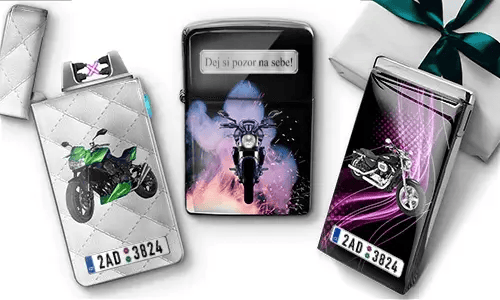 Three motorcycle-themed lighters: green bike on white quilted background, black with 
