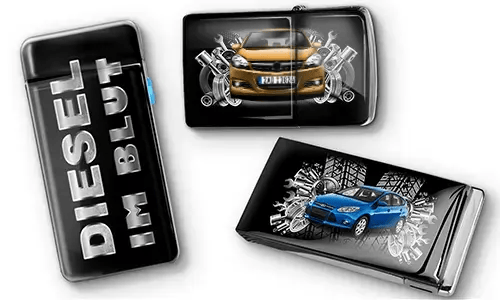 Three black car-themed lighters with metallic accents. One has 