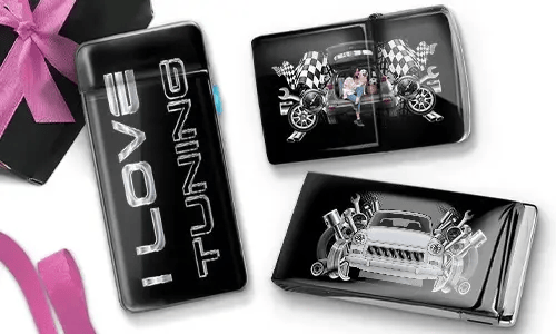 Three glossy car-themed accessories are displayed on a white background. One has 