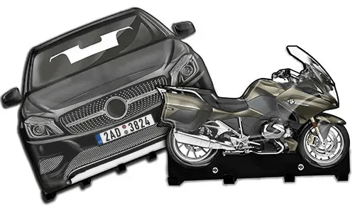 Cardboard cutouts of a black car and metallic motorcycle on stands, used for display or training