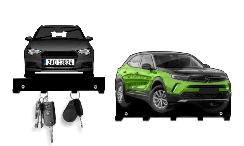 Zwei schlüsselförmige Halter in Autoform: roter Sedan und grün-schwarzer SUV, beide mit Haken für Schlüssel