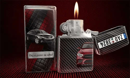 Flip-top lighter with flame: red car on carbon fiber background, black car with name JONAS on quilted panel