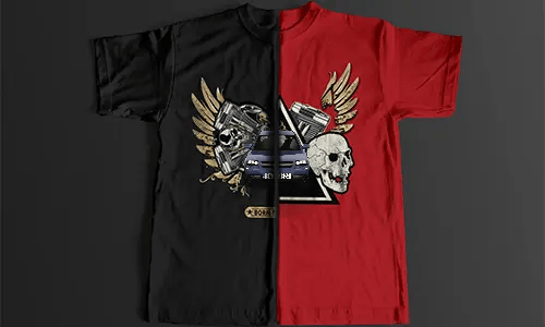 Split graphic with silver car, skulls, pistons, golden wings, and partial BORN T banner on black and red background