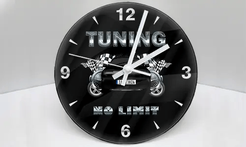Wall clock with stylized car, checkered flags, and metallic TUNING NO LIMIT text on black background