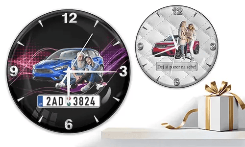 Two wall clocks with couples and cars: left with blue car and purple waves, right with red car on quilted white background